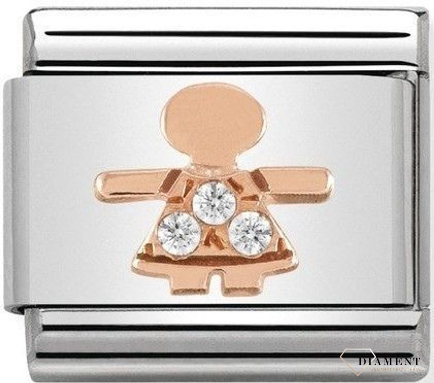 Nomination Link 9K zawieszka różowe złoto 'Dziewczynka' 430305 07. Ponadczasowa biżuteria, pozwalająca każdej kobiecie skomponować bransoletkę wedle własnych upodobań, a następnie modyfikować ją poprzez dodawanie i z.jpg